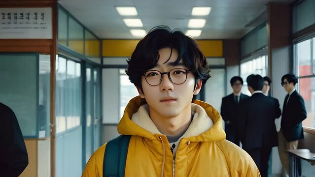 Korean drama style young man with glasses The background is in the school classroom Pedestrians walking hair fluttering glasses glinting seamless loop animation