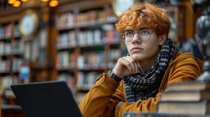 Obraz premium Red-Haired Man With Glasses Working on Laptop