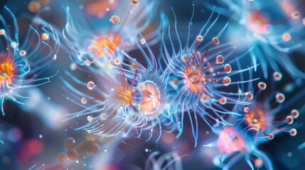 A closeup image of plankton reveals intricate details of their tiny bodies resembling miniature jellyfish or starfish with feathery