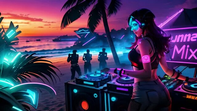 DJ in the beach with music festival beach as mecha futuristic style cyberpunk scene on comic drawing illuminated character neon colors add sign seamless loop animation