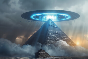 ufo hovering over the pyramid of giza, during an electrical storm