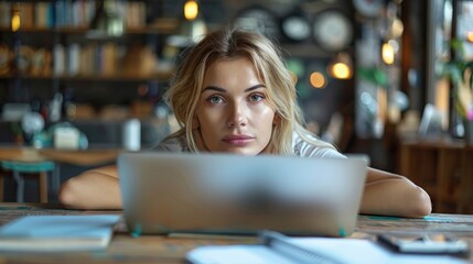 Woman Working on Laptop at Table