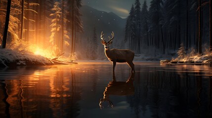 Majestic winter landscape with a deer in the forest. 3d render