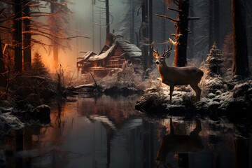 Deer in a foggy forest at sunset. 3d rendering