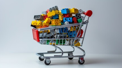 Colorful building blocks in a mini shopping cart, a concept of creativity and childhood fun
