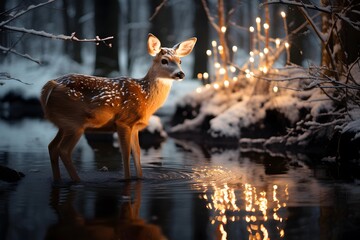 Fawn in a winter forest with lights reflected in the water.