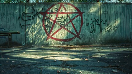 A pentagram painted on a wall outside an elementary school playground