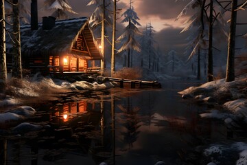 Winter forest in the evening with a lake and a wooden house.