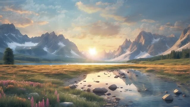 sunrise over the mountains, background, 4k, animation video, seamless looping, footage, generative ai