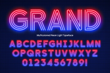 Neon light 3d alphabet, retro-futuristic origainal type.