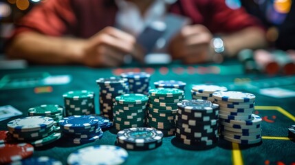 Gambler man hands pushing large stack of colored poker chips across gaming table for betting