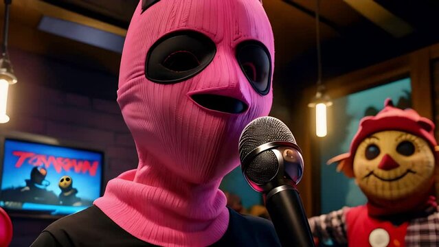 animated black tshirt pink ski mask bank robber mask two separate eye holes on mask scarecrow stitch one mouth hole on mask animation in seamless loop animation