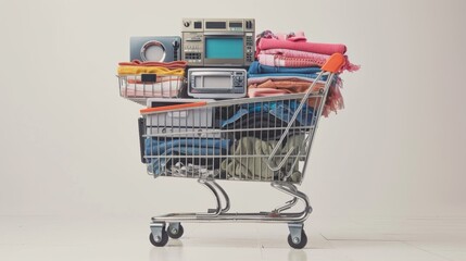 Overloaded shopping cart with diverse clothing items and a suitcase, symbolizing travel and consumption