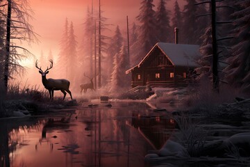 Foggy winter landscape with a wooden cottage and a moose