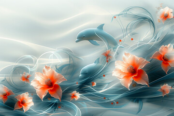 Dolphins Swimming Water Lily Flowers Asian Nature Floral Artwork