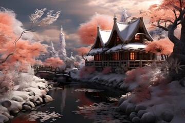 Korean traditional house in a winter landscape. 3D rendering.