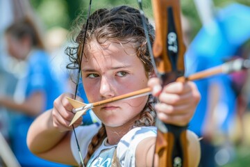 Focused Young Female Archer Aiming with Bow and Arrow