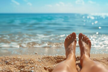 Bare Feet of Woman Lying on Beach Sand with Ocean in Background. Vacation Concept.