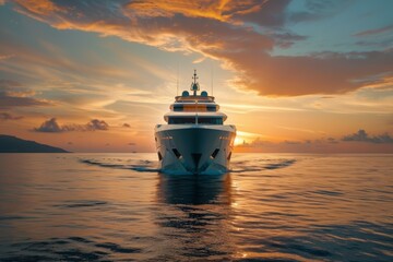 Yacht Cruising with Sunset on Ocean Horizon