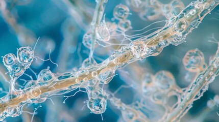 A microscopic view of fungal threads on the surface of decaying plant matter. The threads are breaking down the material releasing - obrazy, fototapety, plakaty