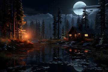 Night landscape with a lake and a wooden house. 3d rendering