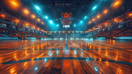 basketball court with LED display on top and wooden floor . Olympic Games banner mockup.