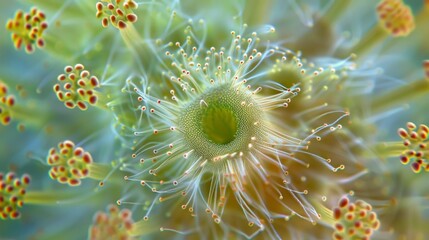 A microscopic look at a single pollen grain surrounded by tiny hairs which aid in its dispersal by wind or insects.