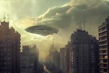 mysterious UFO flying over the sky of the city of Buenos Aires, Argentina, during the day.