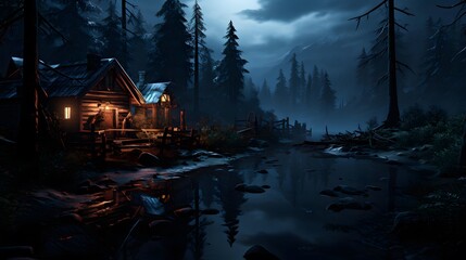Panorama of a cottage in the forest at night with reflection in the water