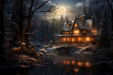 Winter forest landscape with a river and a wooden house at night.