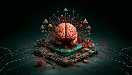A brain is surrounded by wires and other objects, giving the impression of a computer or a machine