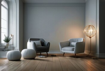 3d wooden floor room mockup Bright pouf armchair room white rendering white interior wall mockup modern Room Empty grey