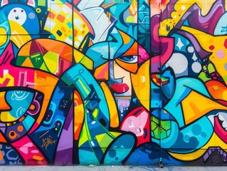 A colorful mural of a woman's face and various shapes and symbols.