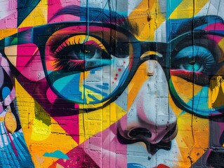 A colorful mural of a woman's face with glasses.
