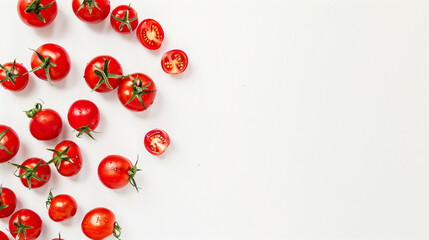 Multiple Fresh Red Tomatoes Arranged Randomly on a Plain White Background with Soft Natural Lighting, Showing Smooth Skins and Stems, Isolated Top View of Whole Ripe Tomatoes