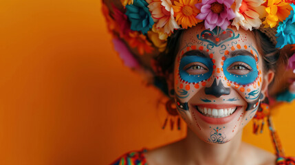 A woman with a Mexican Day of the Dead mask, sugar skull makeup and flowers on orange background with copy space for text. Day of the Dead festival, Cinco de mayo mexican holiday, Dia de los muertos
