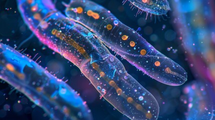 A colorful microscopic image of a of tiny thin and cylindrical nematodes floating in a dark blue aquatic environment. - obrazy, fototapety, plakaty