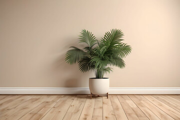 Fototapeta na wymiar Empty room interior background, beige wall, pot with plant, wooden flooring 3d rendering