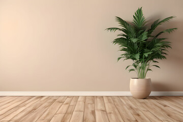 Empty room interior background, beige wall, pot with plant, wooden flooring 3d rendering. Room with green plant - obrazy, fototapety, plakaty