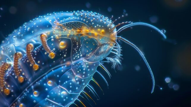 A closeup of a microscopic water flea also known as a daphnia reveals its intricate body structure and the tiny hairs that allow it