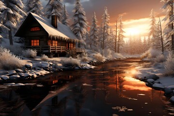 Beautiful winter landscape with a frozen mountain river and a wooden house