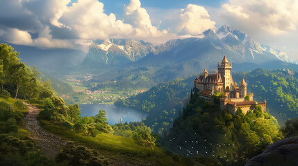 Breathtaking European mountain vista with an ancient stone castle bathed in morning light