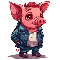 Adorable pink pig cartoon character. Chibi pig animal cartoon Illustration
