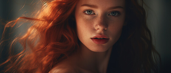 Portrait of a beautiful red-haired girl with long hair.