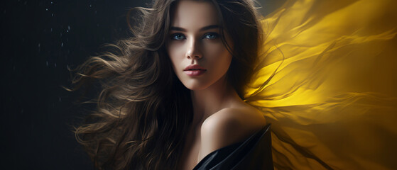 Portrait of a beautiful young brunette woman with long hair.