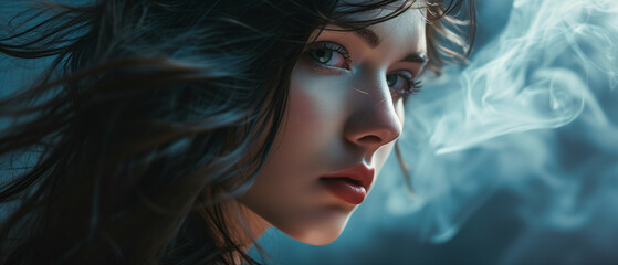 Portrait of a beautiful young woman with smoke in her hair. Blue hair and background. Close shot, Signature banner. Copy Space Picture.