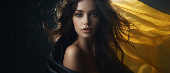 Portrait of a beautiful young brunette woman with long hair.