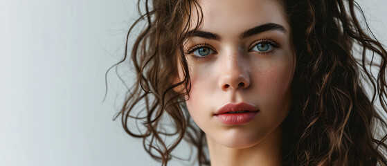 beautiful young woman with wet hair looking at camera, isolated on grey