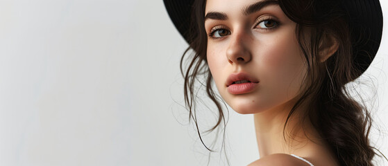 Portrait of a beautiful brunette girl in a black hat.