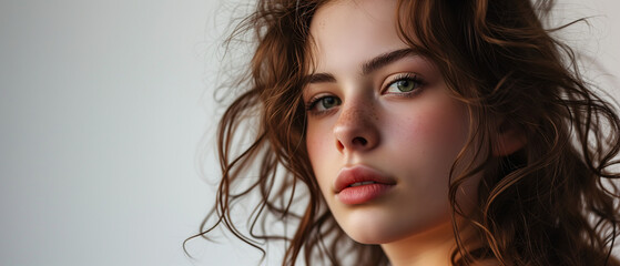 Beautiful young woman with long curly hair. Closeup portrait.